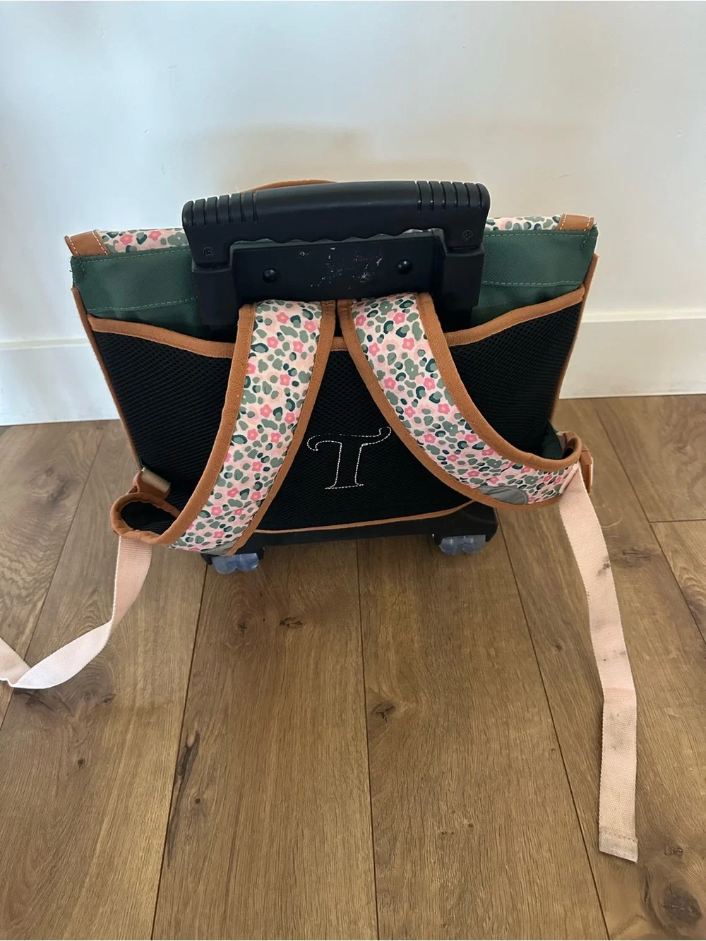 Tann’s Green and Pink Floral Rolling School Satchel Trolley backpack